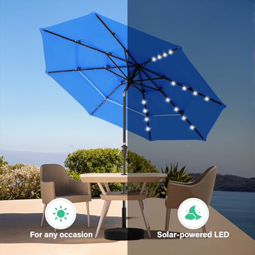 Image of JEAREY 3 Tiers Patio Umbrella with Solar Lights 9ft Outdoor Market Table Umbrellas with Push Button Tilt for Outside Pool Garden, Royal Blue