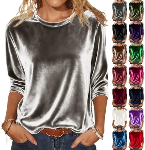Velvet Tops for Women Crewneck Loose Fit 3/4 Length Sleeve Shirts Casual Lightweight Basic Velour Cute Tunic Tops
