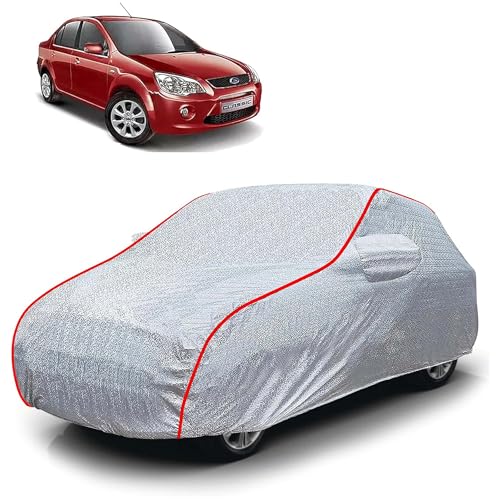 Image of Sulfar 100% Waterproof Car Body Cover Compatible with Mirror for Ford Fiesta Classic (Triple Stitched, Full Bottom Elastic, Magic Silver with Red Piping)