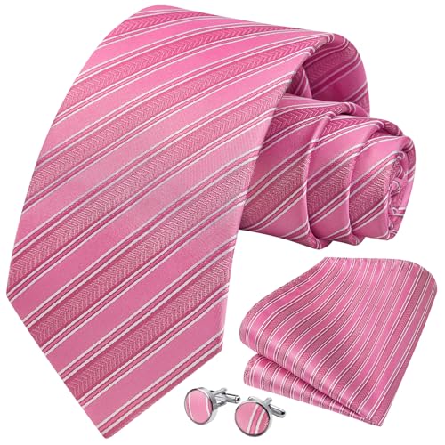 Image of HISDERN Ties for Men Stripe Plaid Tie Classic Necktie Pocket Square Cufflinks Set for Formal Wedding Business Party