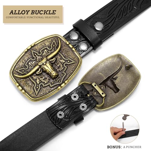 Western Belt Cowboy Belts for Men Women, Cowboy Belt Bull Buckle with Printed Engraved, Western Leather Belts4