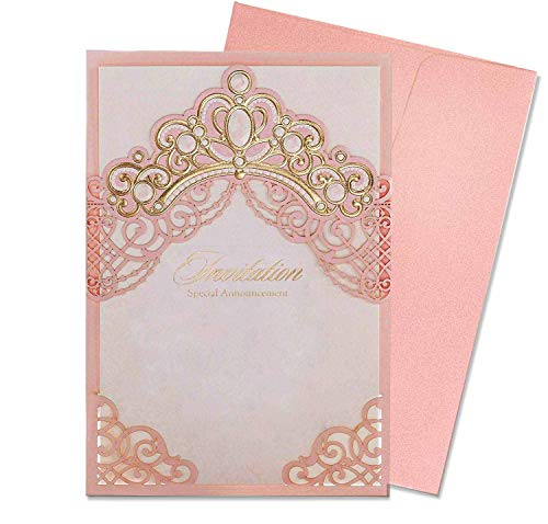 Jofanza rosa lasergeschnittene Hochzeitseinladungskarten mit geprägtem Kronen-Design, bedruckbar, blanko, für Hochzeit, Brautparty, Prinzessinnen-Traum Cover