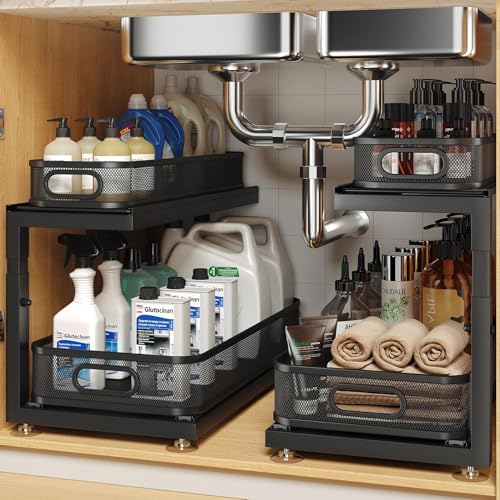 Image of 2-Pack 18.5 IN Depth Under Sink Organizer With Next-Gen Ball-Bearing Slides,Sophisticated Mesh 2-Tier Pull Out Shelf for Kitchen & Bathroom,Fits Small Items-Black