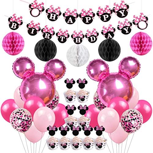 Cartoon Mouse Themed Birthday Party Supplies Decorations Cartoon Mouse Foil Balloons Paper Balls Cupcake Toppers Wrappers for 1st 2nd 3rd Birthday