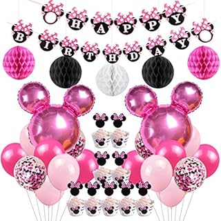 Cartoon Mouse Themed Birthday Party Supplies Decorations Cartoon Mouse Foil Balloons Paper Balls Cupcake Toppers Wrappers for 1st 2nd 3rd Birthday