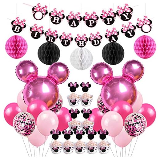 Jollyboom Artículos de Fiesta de cumpleaños con temática de Minnie Decoraciones Globos de Minnie Envolturas de Cupcake Envolturas para el Primer, Segundo y Tercer cumpleaños