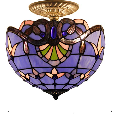WERFACTORY Tiffany Ceiling Light Fixture Blue Purple Baroque Stained Glass Semi Flush Mount Lamp Wide 12 Inch, Height 11 Inch S003C Series