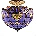 Blue Purple Baroque Tiffany Ceiling Lamp Semi Flush Mount Pendant Hanging Light Fixture 12 Inch Stained Glass Shade for Dinner Room
