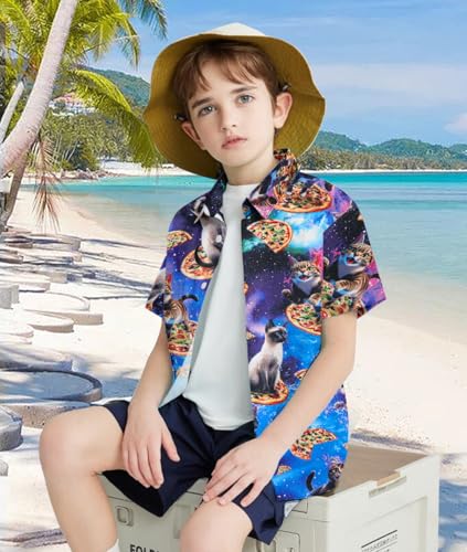 Image of uideazone Boys Button Down Shirt Size 7 Size 8 3D Pizza Cat Funky Shirts Kids Hawaii Short Sleeve Beach Luau Shirt Blouse for Casual Vacation 7-8 Years