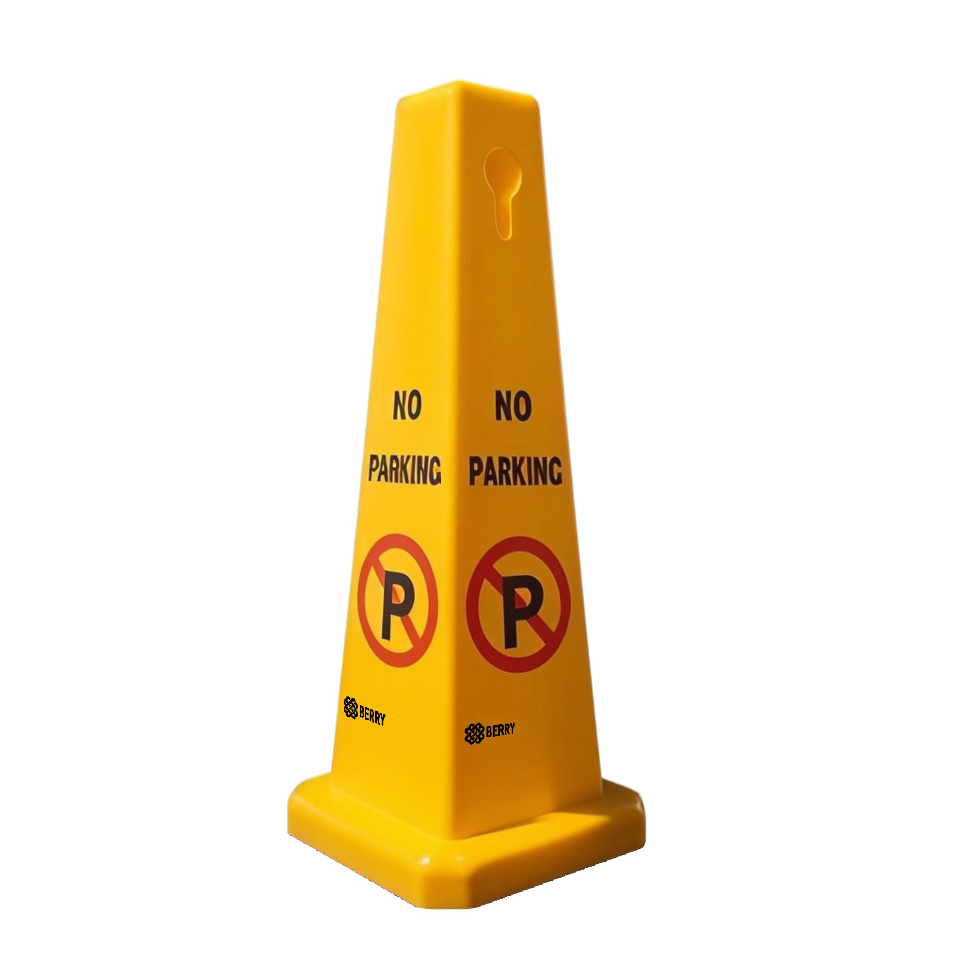 Berry 4-Sided No Parking Cone | Highly Visible Yellow Warning Sign | 67CM Freestanding Floor Safety Cone for Driveways, Garages, Loading Bays, Private Parking & Commercial Use