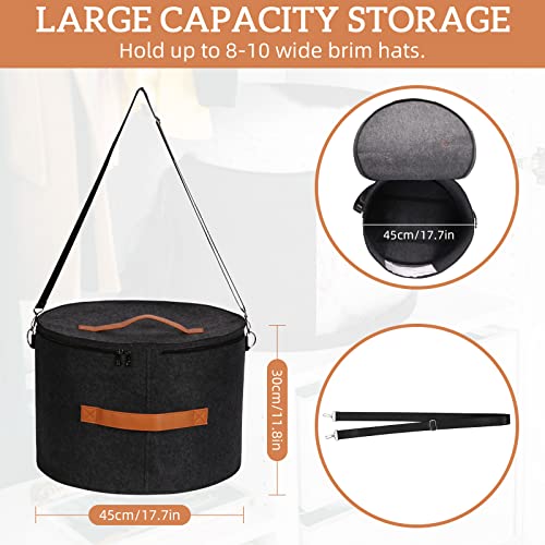 Pehciroe Large Hat Boxes With Lids, Foldable Felt Round Hat Storage Box Large Hat Box Travel With Handles And Shoulder Strap For Carrying & Storing Various Types Of Hats, 17.7 X 11.8 Inch, Dark Gray #TOP2