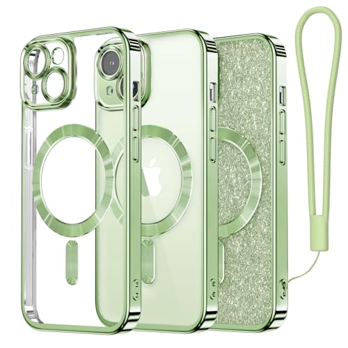 Coque iPhone 15 Plus verte pailletée avec dragonne pour femme