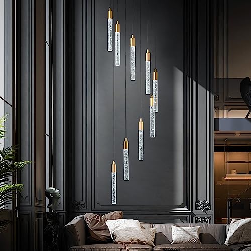 Image of 9-Light Modern Living Room Chandelier Gold Brass Finish Crystal Ceiling Pendant Lights LED Dimmable 54W 6000K Staircase Large Chandeliers for Entryway Lobby Foyer High Ceiling Chandeliers