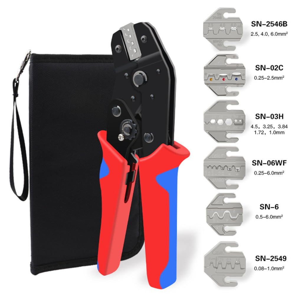 Kit di crimpatura con borsa, pinza crimpatrice con 6 matrici intercambiabili, gamma di crimpatura regolabile, pinza crimpatrice multifunzione per diversi tipi di terminali a crimpare