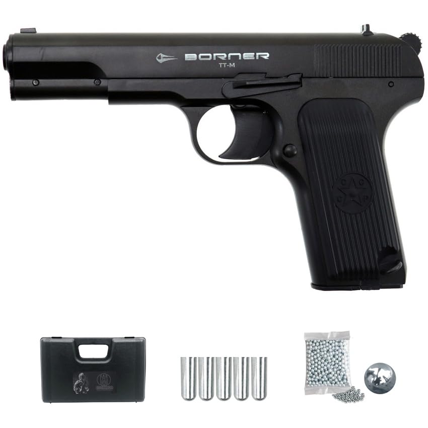 Borner TT Full Metal (4,5mm) | Pack Pistola de balines (Bolas de Acero BB's + maletín + 5 Cargas). Arma de Aire comprimido Calibre 4,5mm