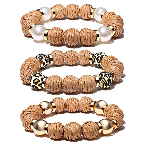 Rattan Bracelets for Women Handmade Woven Rattan Ball Beaded Stretch Bracelets Stackable Boho Bangle Bracelets Summer Beach Jewelry
