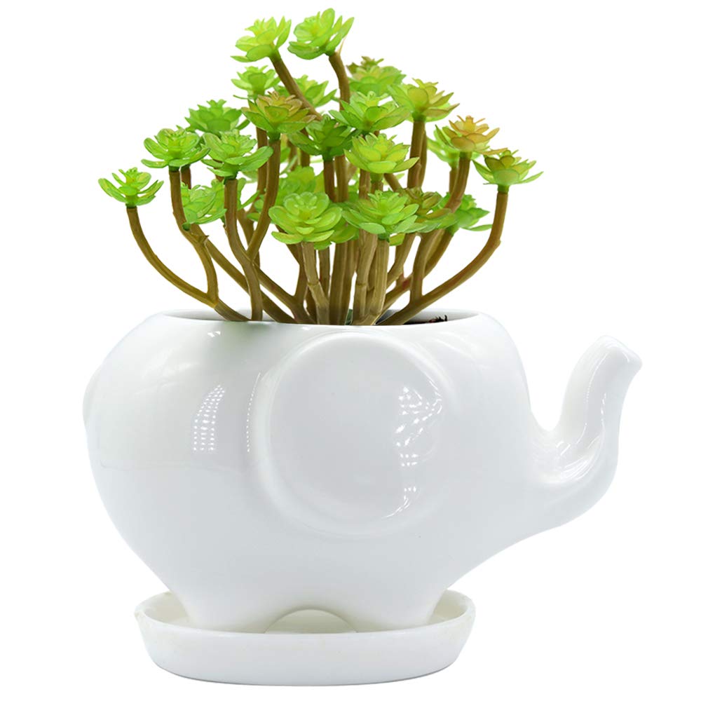 GeLive White Elephant Succulent Planter Ceramic Plant Pot Window Box with Saucer Animal Indoor Tabletop Decor Fun Gift 5 Inch (Mom Elephant)