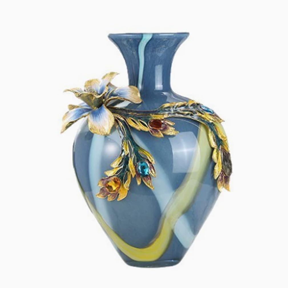 Hhhxkkuu 15.4" Handmade Colored Glass Vase Blue & Yellow Art Centerpiece