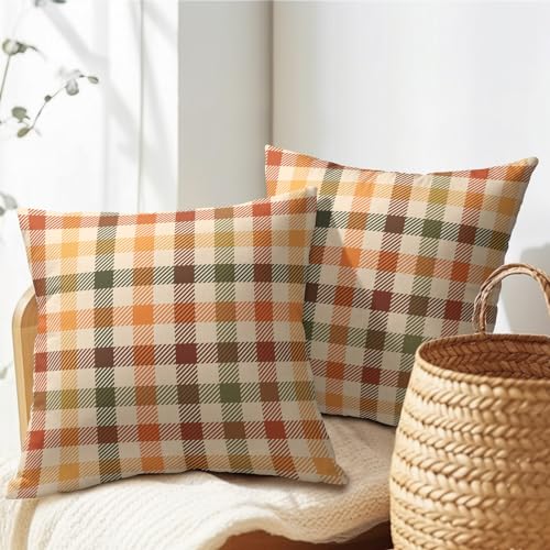 Lvhompro PCL99 Fall Plaid Pillow Covers 18X18 Inch Set Of 2 Brown Orange Buffalo Check Thanksgiving Decorative Outdoor Throw Pillow Covers Famliy Decoration thumb #4