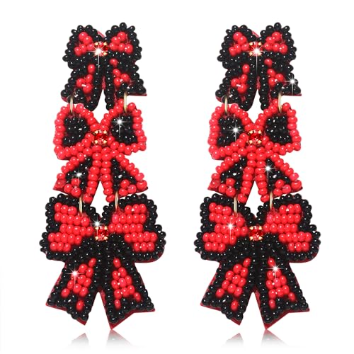 Bow Earrings Beaded Game Day Earrings for Women Triple Ribbon Bow Drop Dangle Earrings Football Baseball Game Day Party Favors Sports Fan Jewelry Gifts