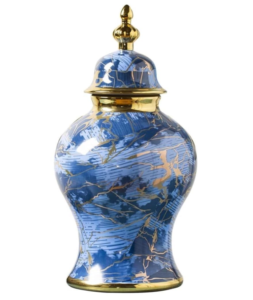 青い陶器の花瓶 金色の縁取り 【公式通販】