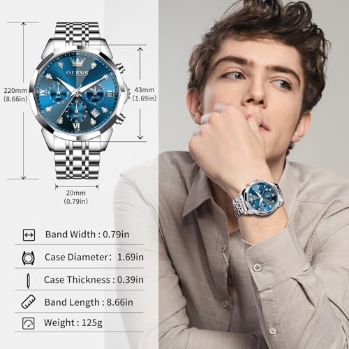 Image of OLEVS Watches for Men Stainless Steel Dress Men Watch with Date Big Face Chronograph Waterproof Luxury Fashion Watch Blue /Black /Gold /Green /Silver Face Relojes para Hombres