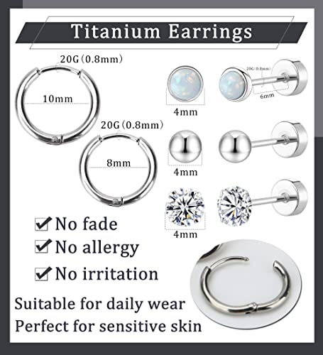Mjust Titanium Earrings For Sensitive Ears 20G Titanium Stud Earrings And Hoop Earrings Ball Opal Cubic Zirconia G23 Pure Titanium Cartilage Earrings Hypoallergenic Flat Back Earrings(Silver) #TOP3