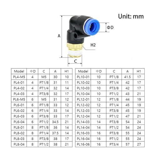 Conector neumático de latón PL 1/4" M5 codo manguera de aire 3
