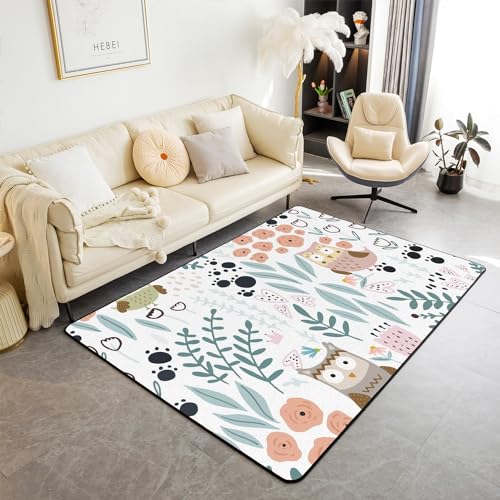 Homewish Tapis Salon Enfant 100x150 Hibou Kawaii, Tapis Chambre Enfant Fille Hibou de Dessin Animé, Tapis Sol Imprimé en Forme de Cœur Fleur, Tapis de Salon...