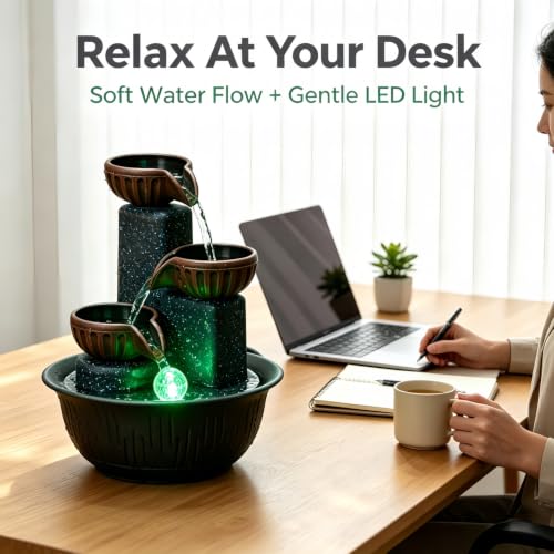 Image of 3-Tier Tabletop Water Fountain with Warm Ambient Light, Cascading Bowl Design, Compact Indoor Desk Decor, 8.3x6.3 inch Indoor Calming Cascading Waterfall Fountain (Brown)