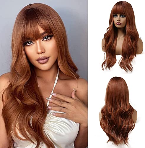 Esmee 24 Pouces Auburn Perruque Longue Ondulée avec Franges pour les Femmes Cheveux Naturels Synthétiques Perruques Résistantes à la Chaleur pour la Fête Quotidienne Cosplay Utilisation Cover