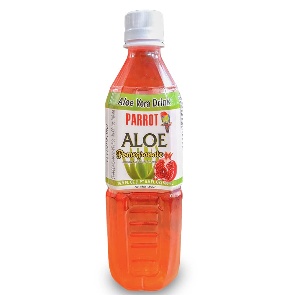 Parrot Bebida de aloe vera con sabor a pulpa y granada, aloe masticable añadido, bebida dulce y refrescante de Jucie de 16.9 onzas líquidas (paquete