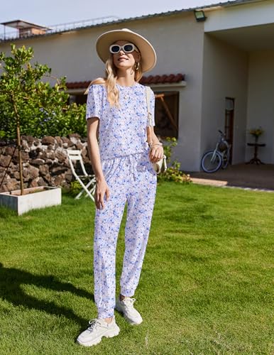Image of Ekouaer Pajamas for Women Set 2 Pack Lounge Set Short Sleeve Pjs Joggers Long Pants Loungepwear with Pockets