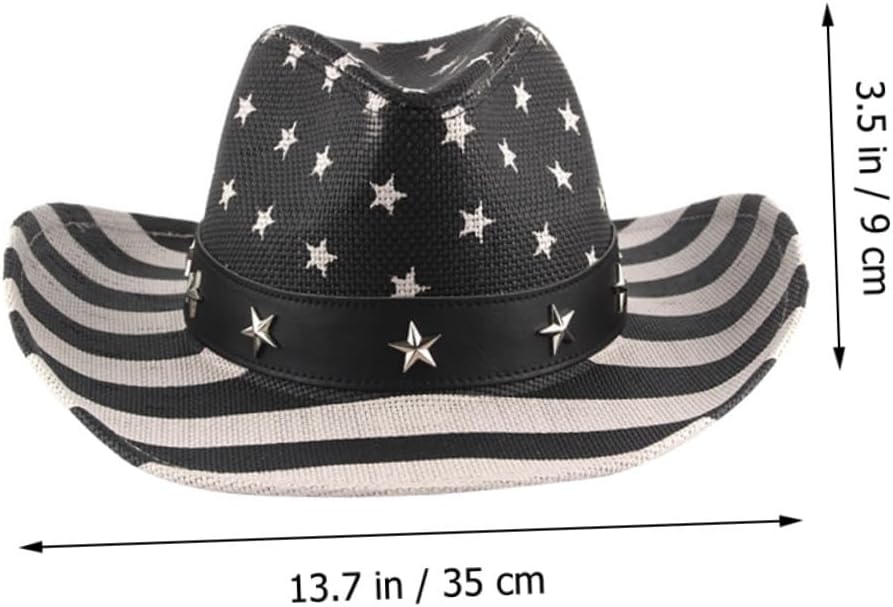 SOIMISS American Flag Western Cowboy Hat Black Striped Paper Straw Multi-Functional 4th of July Patriotic Hat for Men and Women