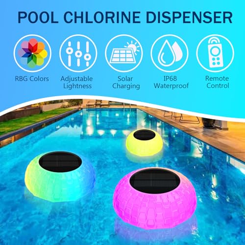 Solar Pool Chlorine Floater, Floating Pool Dispenser with Color Lights, Adjustable Release & Easy Opening to Fit 1"& 3" Chlorine Tabs, Remote Control Chlorine Floater for Hot Tub Spa