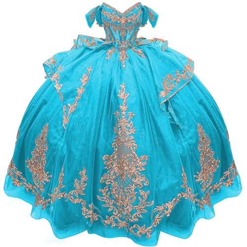 Mauuwy Sparkly Gold Applique Quinceanera Dresses Layered Tulle Sweet 15 16 Dresses Beaded V Neck Bow Dress with Tassel