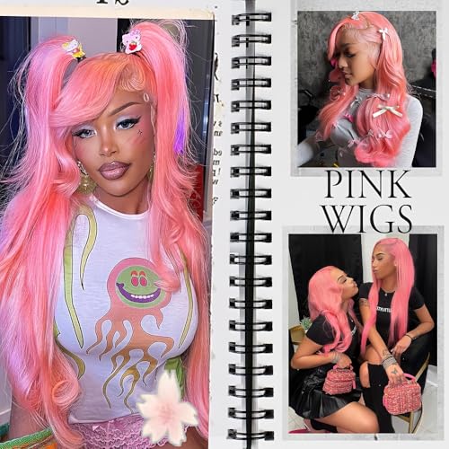 Image of Pink Human Hair Wig Body Wave 20 Inch Light Human Hair Wig 200% Density Wig | 13x4 UHD Lace Front Human Hair Wigs Pre Plucked Pre Cut Pink Wigs 100% Virgin Human Hair Glueless Body Wave Wigs For Women