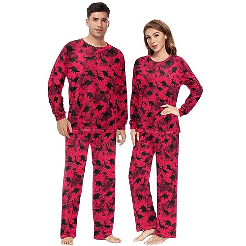 Unisex Pajama Set Dinosaurs Red Family Matching Long Sleeve 2 Piece Sleep Lounge Set for Men & Women