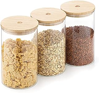 Navaris Glass Storage Jars 1L (Set of 3) - Airtight Food Containers with Wooden Bamboo Lids - Stackable Cylinder Canister Design for Kitchen Dry Goods