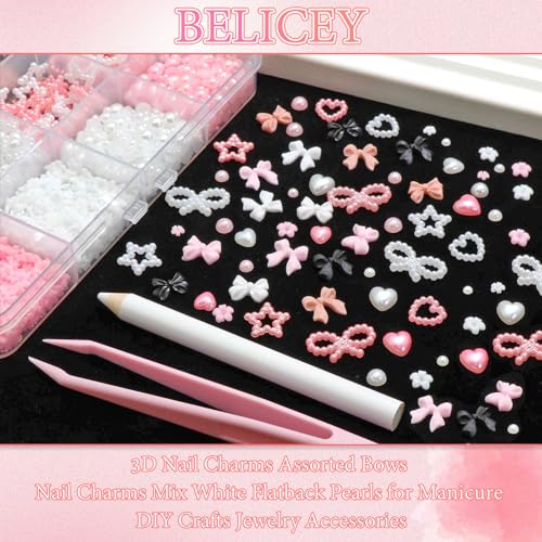 BELICEY Amuletos de unhas com laço 3D, 600 peças, flores, berloques de unhas rosa e branco, contas d