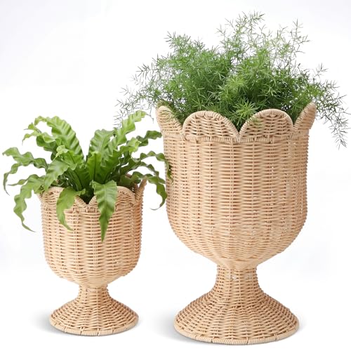 RimCereal 2 Pcs Rattan Scallop Vase Indoor Outdoor Planter Basket Woven Decorative Storage Basket and Planter for Porch Patio Backyard Home Garden 13 x 13 x 15.8 Inches 7.1 x 7.1 x 8.7 Inches