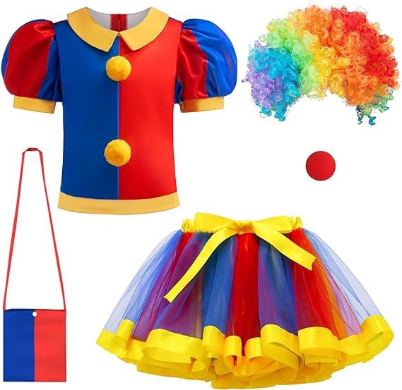 keaiyouhuoKids Clown Costume Set Circus Fancy Dress Costume Cosplay Rainbow Tutu Skirt Halloween Birthday Party Dress Up
