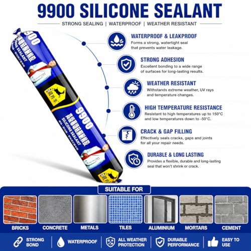 Image of 9900 Silicone Sealant Waterproof Tube | High Strength Waterproof Sealing Compound for Bricks, Concrete, Metal, Tiles & More | Weather Resistant Silicone Tube for Crack Repair