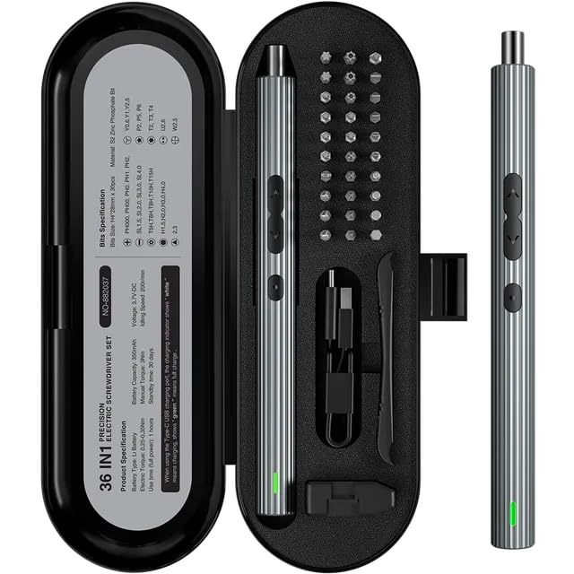 Precision Electric Screwdriver, 36 in 1 Portable Power Screwdriver with 30 Bits, Rechargeable Repair Tool Kits with USB Charging, 3 LED Light, Magnetizer for Phones, Camera, Laptop