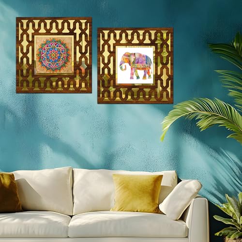 Image of RAG28 Wooden Elephant Mandala Art Mirror Wall Decor Panel for Home Decor Living Room Bed Room Office (AD9, 12X12 Inches, Set of 2)