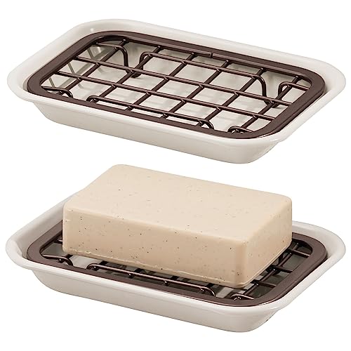 Mdesign Metal 2-Piece Soap Dish Tray With Drainage Grid And Holder For Kitchen Sink Countertops To Store Soap, Sponges, Scrubbers - Rust Resistant - 2 Pack - Cream/Bronze #TOP22