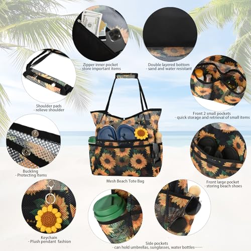 KURGOOL Mesh Beach Bag with Zipper Pocket, Large Sandproof Beach Tote Pool Bag for Women, Swim, Toys & Cruise Essentials 20254
