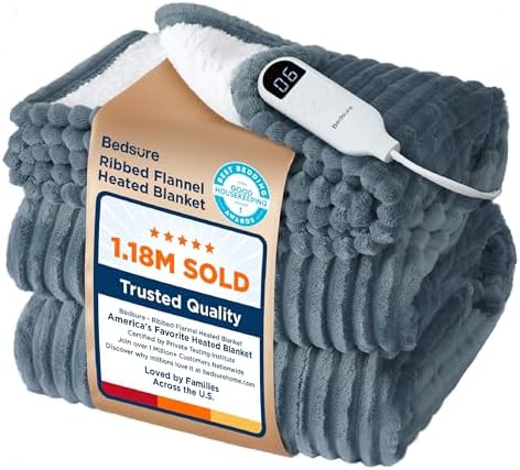Bedsure Electric Blanket Twin - Soft Ribbed Flannel Heated Blanket, Heating Blanket with 10 Time Settings, 6 Heat Settings, and 8 hrs Timer Auto Shut Off (62x84 inches, Grey)