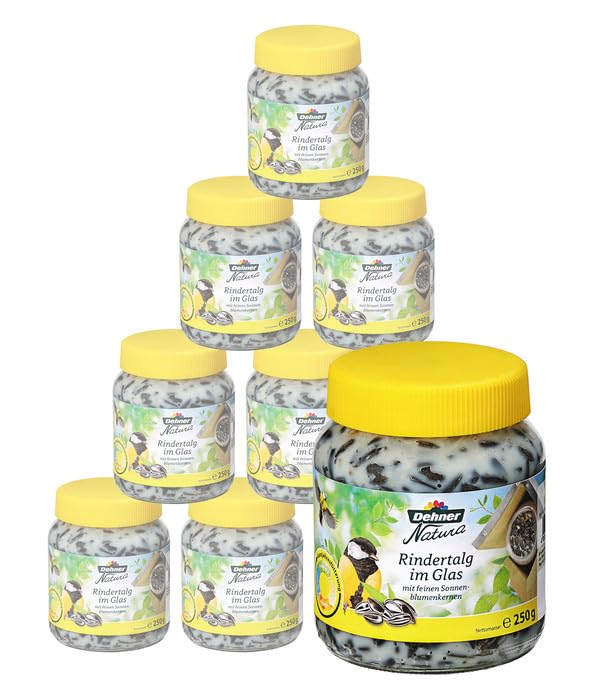 Dehner Natura Premium Wildvogelfutter, Rindertalg im Glas, Sonnenblumenkerne, Ganzjahresfutter energiereich / zuckerfrei, hochwertiges Vogelfutter für Wildvögel, 8 x 250 g (2 kg)