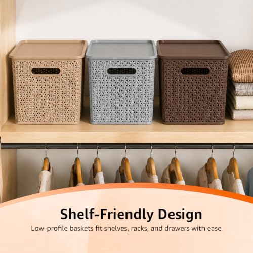 Image of Amazon Basics Set of 3 Plastic Storage Baskets with Lid | Stackable Organiser for Wardrobe, Kitchen, Clothes, Toys, Books, Office Multipurpose Shelf Basket (Large, 36x30x22 cm) Multicolour,Rectangular
